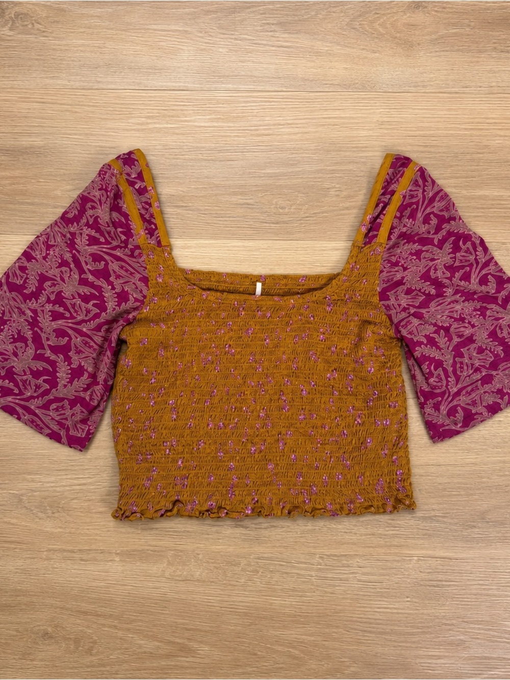 Free People Smocked Floral Crop Top Bell Sleeve Mustard Purple S/P
